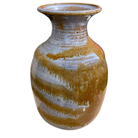 Vtg 1981 Hand-Thrown Studio Pottery Blue & Brown Drip Glaze Stoneware Vase 7.5" - Picture 8 of 14